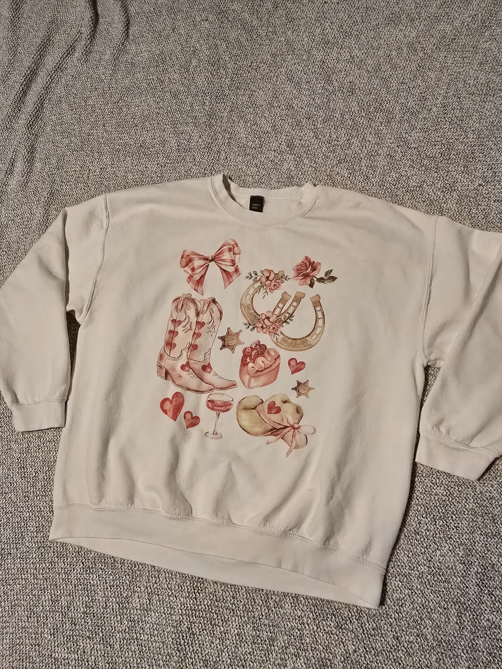 Cream Fleece-Lined Pullover Sweatshirt With Pink Western Graphic